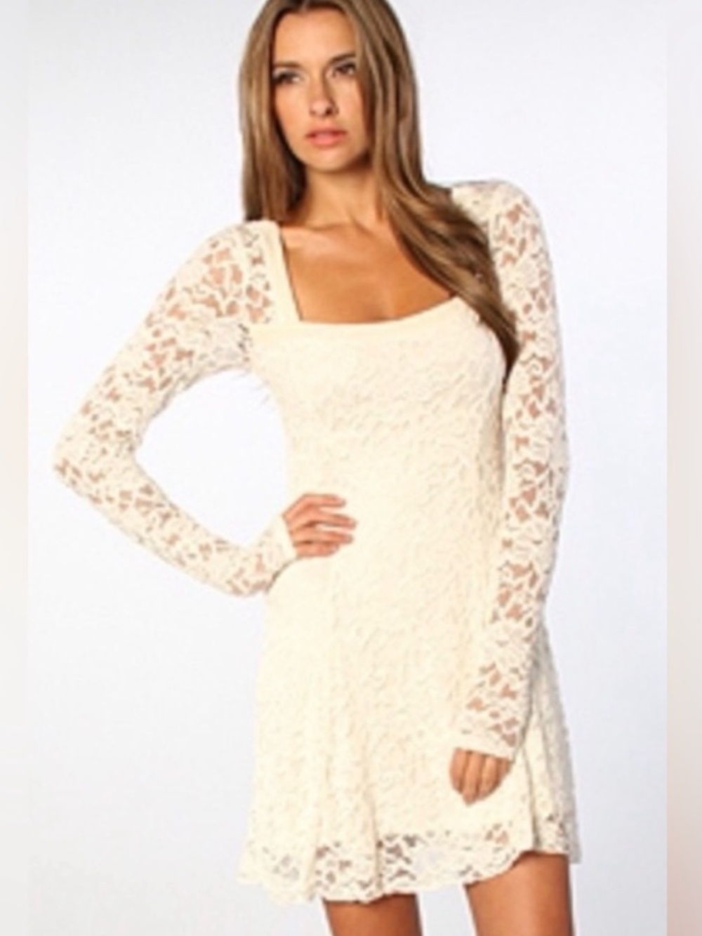 Free People Cream Lace Long Sleeve Mini Dress